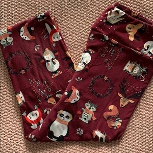 Lularoe OS Merry & Bright Christmas Maroon Legging
